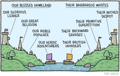 Proud to be not proud to be Pinoy. The Problem with Patriotism. By Lisa Wade. Image by Tom Gauld from <thesocietypages.org/ socimages/ 2015/ 04/ 12/ sunday- fun- the-problem-with-patriotism/ >